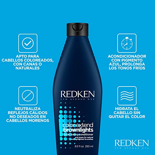 REDKEN Acondicionador Color Extend Brownlights para neutralizar reflejos rojizos y anaranjados indeseados en cabello moreno natural o coloreado dejando un castaño natural y frío, 250 ml