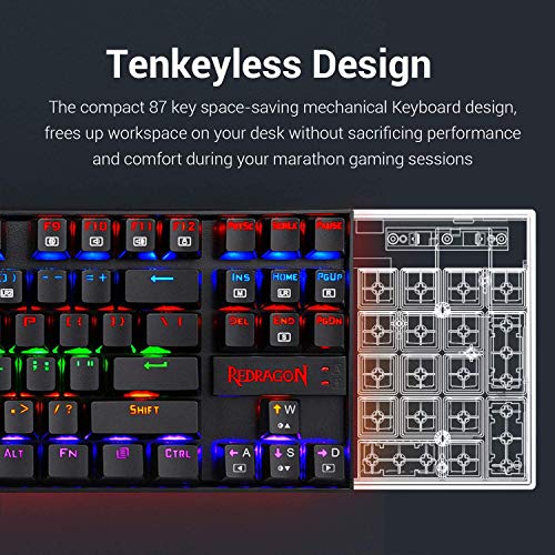 Redragon K552 Rainbow KUMARA Teclado Mecánico Gaming TKL para Windows PC, Switch Red, Interruptores Rojos, Reforzado, Retroiluminado Rainbow Multicolor, Distribución Española - Negro