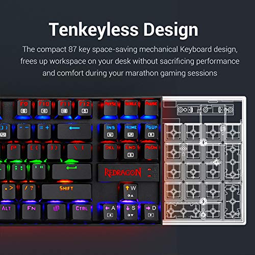 Redragon Mechanical Gaming Keyboard, RGB LED Rainbow Backlit, Teclado con Cable con Interruptores Cherry MX Red Equivalente para PC con Windows Gaming (87 Teclas, Negro)