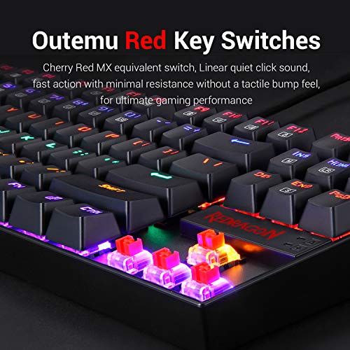 Redragon Mechanical Gaming Keyboard, RGB LED Rainbow Backlit, Teclado con Cable con Interruptores Cherry MX Red Equivalente para PC con Windows Gaming (87 Teclas, Negro)