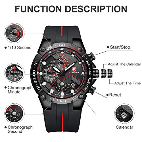 Reloj de Pulsera para Hombre, Resistente al Agua, cronógrafo, Correa de Silicona, Fecha, Luminoso, Cuarzo (Negro Rojo)