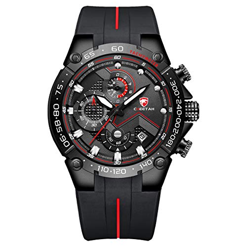 Reloj de Pulsera para Hombre, Resistente al Agua, cronógrafo, Correa de Silicona, Fecha, Luminoso, Cuarzo (Negro Rojo)