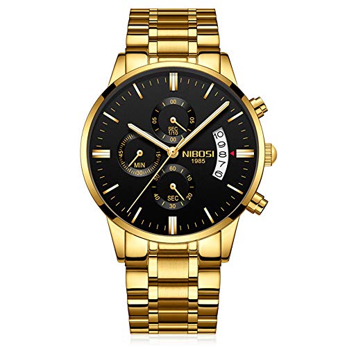 Relojes Hombre Dorado Cronógrafo Reloj de Pulsera Oro Calendario con Correa de Acero Inoxidable Elegante, Negro