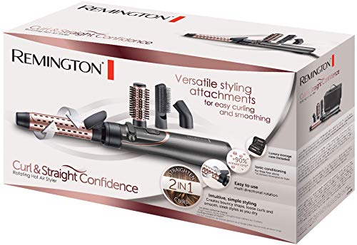 Remington Cepillo Moldeador Curl & Straight Confidence - Moldeador de Pelo, Cerámica, Kit Moldeador, 4 Accesorios, Alisador y Rizador 2 en 1, 800W, Gris - AS8606