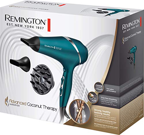 Remington Secador de Pelo Profesional Advanced Coconut Therapy - Iónico, 2 Concentradores, 1 Difusor, 2300 W, Azul - AC8648