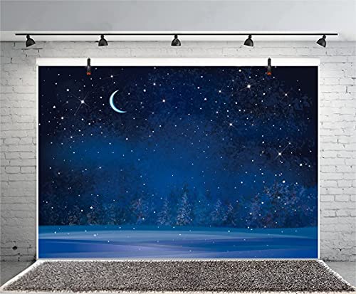 Renaiss 2.2x1.5m Telón de Fondo de Noche Estrellada Cielo Luna Nevadas Fotografía Telón de Fondo Borroso Bosque Noche Abetos Fondo de Pino Navidad Año Nuevo Decoración de Fiesta Accesorios de Estudio