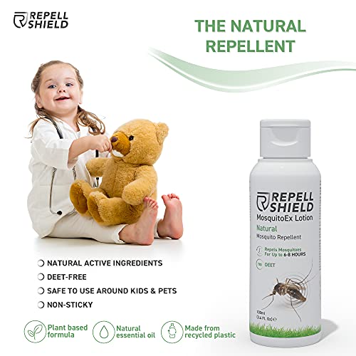 RepellShield Locion Antimosquitos Natural - Repelente Mosquitos Bebe, Anti Picaduras Insectos y Mosquito Tigre - Repelente Mosquitos Niños y Adultos - Alternativa a Pulsera Antimosquitos Niños, 100ml