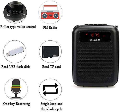 Retekess PR16R Amplificador de Voz Portátil (12W) con Micrófono, FM Radio, MP3 Reproductor, Grabación, Micrófono con Cable para Profesores, Aula, Guias Turisticos, Reuniones, Promotores (Negro)