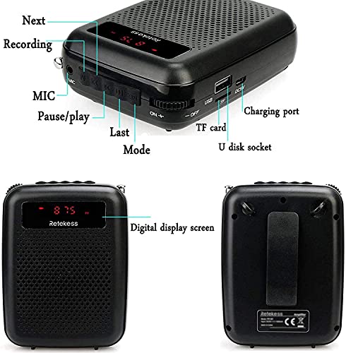 Retekess PR16R Amplificador de Voz Portátil (12W) con Micrófono, FM Radio, MP3 Reproductor, Grabación, Micrófono con Cable para Profesores, Aula, Guias Turisticos, Reuniones, Promotores (Negro)