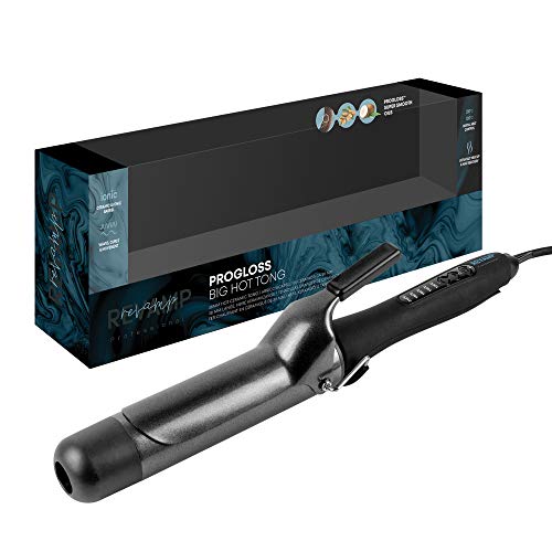 REVAMP Progloss Big Hot Tong Tenacilla de Pelo Profesional – Pinza Rizadora con Cilindro Grueso en Cerámica Iónica para Ondas y Rizos, Calentamiento Rápido, Temperatura Regulable, black