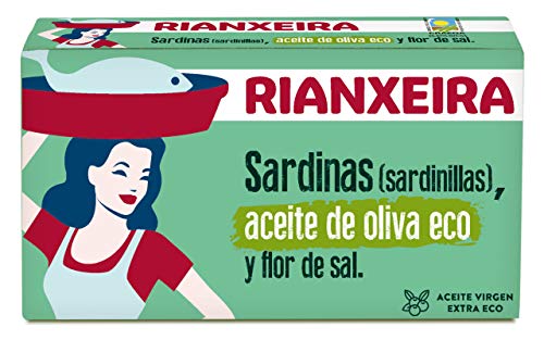 RIANXEIRA Pack de 8 Latas x 81g. de Sardinas (Sardinillas) en Aceite de Oliva Virgen Extra Ecológico y Flor de Sal. Presentación 6-8 piezas.