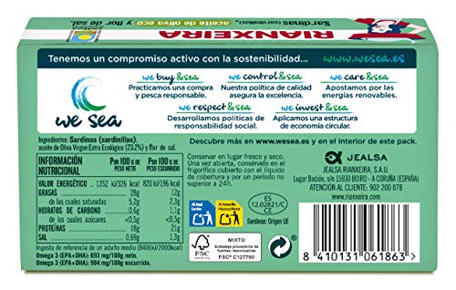 RIANXEIRA Pack de 8 Latas x 81g. de Sardinas (Sardinillas) en Aceite de Oliva Virgen Extra Ecológico y Flor de Sal. Presentación 6-8 piezas.