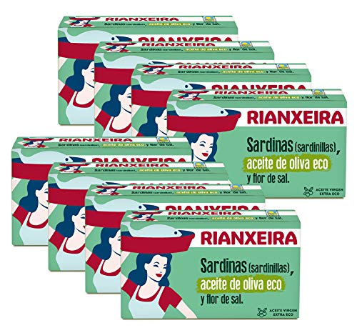 RIANXEIRA Pack de 8 Latas x 81g. de Sardinas (Sardinillas) en Aceite de Oliva Virgen Extra Ecológico y Flor de Sal. Presentación 6-8 piezas.