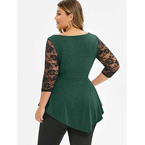 riou Blusa Mujer Manga Larga Camiseta Cuello Redondo Asimétrica de Tres Cuartos Encaje Floral Talla Grande sólido Superior Casual Blusas Elegante Tops