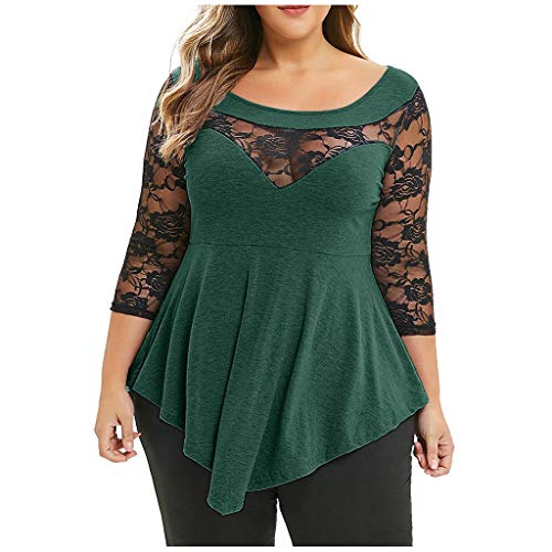 riou Blusa Mujer Manga Larga Camiseta Cuello Redondo Asimétrica de Tres Cuartos Encaje Floral Talla Grande sólido Superior Casual Blusas Elegante Tops