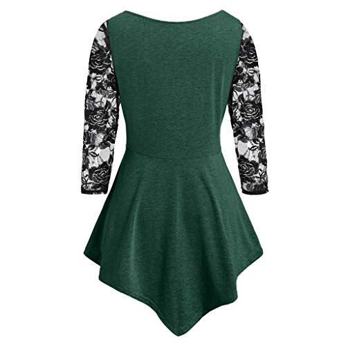 riou Blusa Mujer Manga Larga Camiseta Cuello Redondo Asimétrica de Tres Cuartos Encaje Floral Talla Grande sólido Superior Casual Blusas Elegante Tops