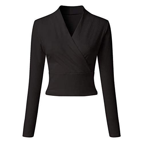 riou Camisa Mujer de Manga Larga Cuello en V Camisa de Punto Top Corto Delgado Elegante Suéter Túnica Casual Suelto Tops Otoño Invierno