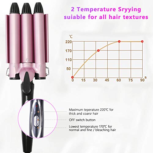 Rizador de pelo, rizador de pelo ondulado de 3 barriles, 25 mm con 2 controles de temperatura, calentamiento rápido de 30 s para peinados largos o cortos, con guante resistente al calor (Oro rosa)