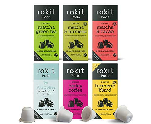 Rokit Pods | Pack Variado | Incluye Té Verde Matcha, Mezclas de Cúrcuma y Cacao, 'Café' de Cebada, VitaCoffee y Vainas de Té de Cúrcuma | Cápsulas Compatibles con la Máquina de Café Nespresso