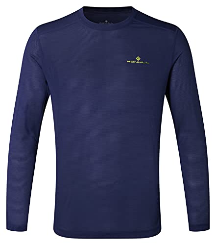 Ronhill Tech L/S tee Camiseta, Deep Navy Marl/Citrus, L para Hombre