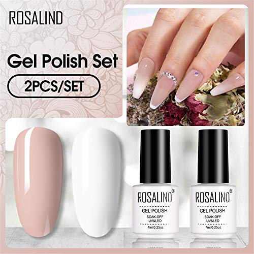 ROSALIND 2pcs Esmaltes Semipermanentes de Uñas en Gel UV LED, Kit de Esmaltes de Uñas de Negro Blanco Rosa Desnudo 7ml (Set18)