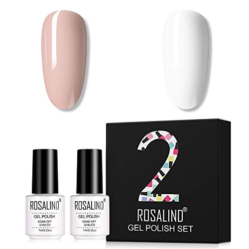 ROSALIND 2pcs Esmaltes Semipermanentes de Uñas en Gel UV LED, Kit de Esmaltes de Uñas de Negro Blanco Rosa Desnudo 7ml (Set18)