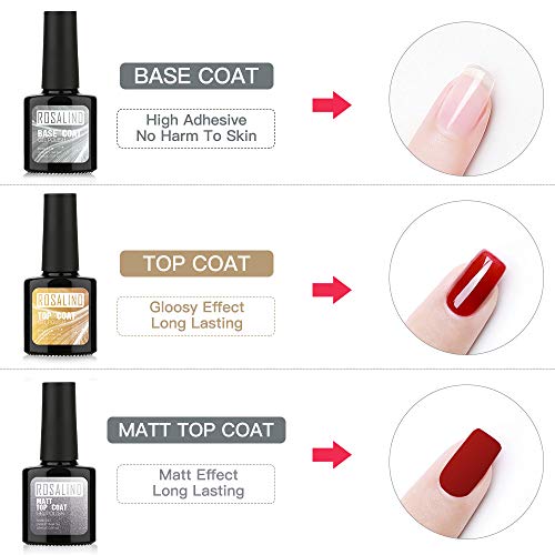 ROSALIND Base y Top Coat y Matte Top Coat Semipermentes, Esmaltes Semipermanentes de Uñas en Gel UV LED Gel Soak Off 3PCS/set 10ML