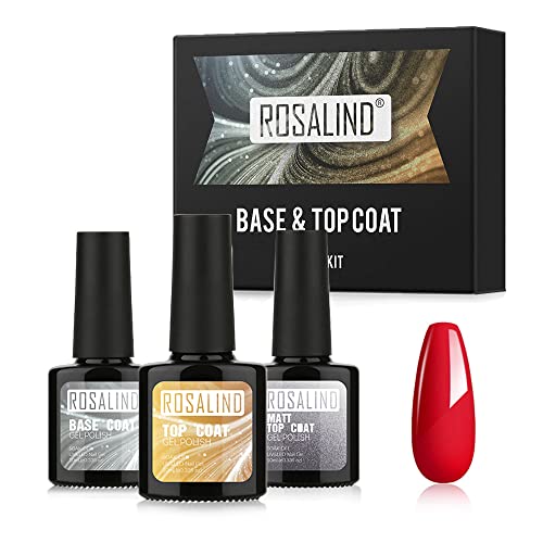 ROSALIND Base y Top Coat y Matte Top Coat Semipermentes, Esmaltes Semipermanentes de Uñas en Gel UV LED Gel Soak Off 3PCS/set 10ML