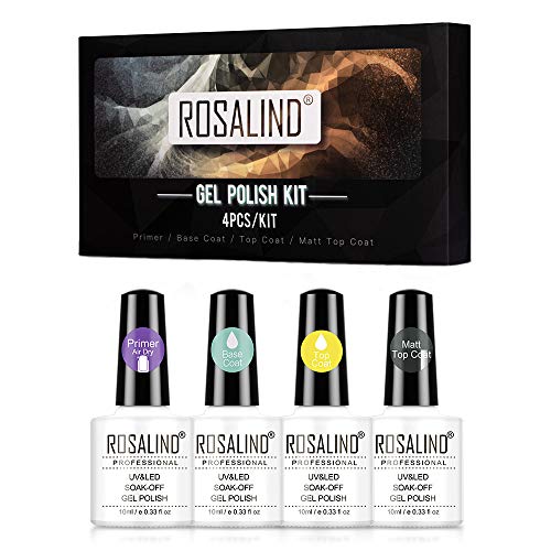 ROSALIND Esmaltes Semipermanentes Base y Top Coat y Matte y Primer de Uñas en Gel UV LED, 4pcs Kit de Esmaltes de Uñas 10ml