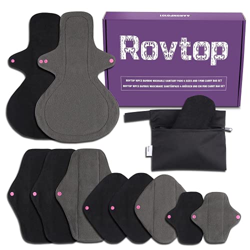 Rovtop Compresas Reutilizables, 10 Forros de Salvaslip Reutilizable, Toallas Sanitarias de Tela Para Mujeres Durante La Menstruación, Con Capa Absorbente de Carbón de Bambú, Negro