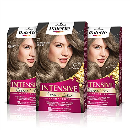 Schwarzkopf Palette Intensive- Tinte 7.1 Rubio Medio Ceniza – Perfecta cobertura de canas – Coloración Permanente de Cuidado con Aceite de Marula - Color duradero hasta 8 semanas (Pack de 3)