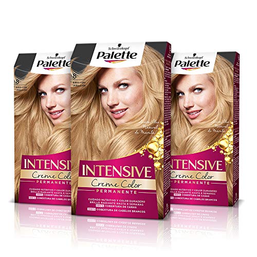 Schwarzkopf Palette Intensive - Tinte 8 cabello Rubio Claro – Perfecta cobertura de canas – Coloración Permanente de Cuidado con Aceite de Marula - Color duradero hasta 8 semanas (Pack de 3)