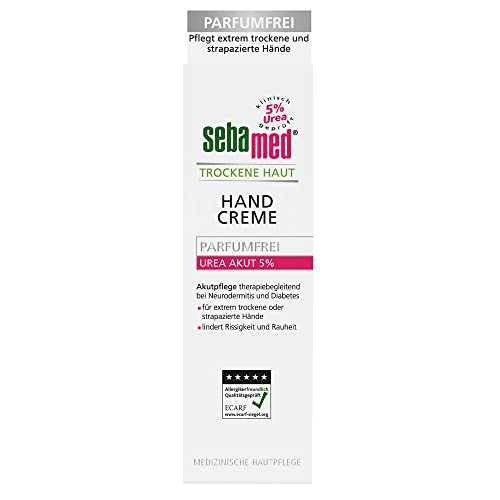 Sebamed Crema de manos de urea Akut 5% sin perfume, 75 ml, cuida las manos extremadamente secas y dañadas, alivia el agrietamiento y la rugosidad.