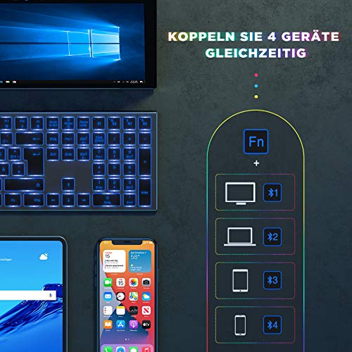 seenda Teclado Bluetooth iluminado con 7 colores de iluminación, multidispositivo recargable, ultrafino, QWERTZ con 4 canales Bluetooth para Mac/iPad/iPhone/Android/Windows, gris espacial