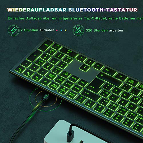 seenda Teclado Bluetooth iluminado con 7 colores de iluminación, multidispositivo recargable, ultrafino, QWERTZ con 4 canales Bluetooth para Mac/iPad/iPhone/Android/Windows, gris espacial