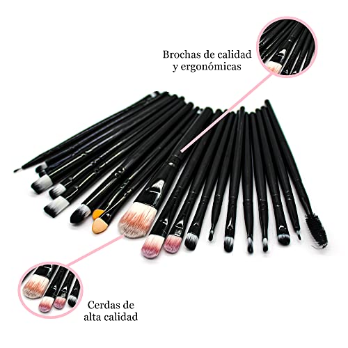 Set De 20 Brochas de Maquillaje Profesional, Pinceles de Maquillaje de Primera Calidad Fibra Sintética para las Cejas, Facial, Base de Maquillaje y Polvos.