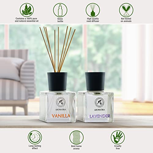 Set de Varillas Perfumadas con Difusor Vanille y Lavanda con Aceite Esencial de Lavanda - 100ml - 2x50ml - Difusores de Aromas - Ambientador de Varillas de Rattan - Fragancia Habitación