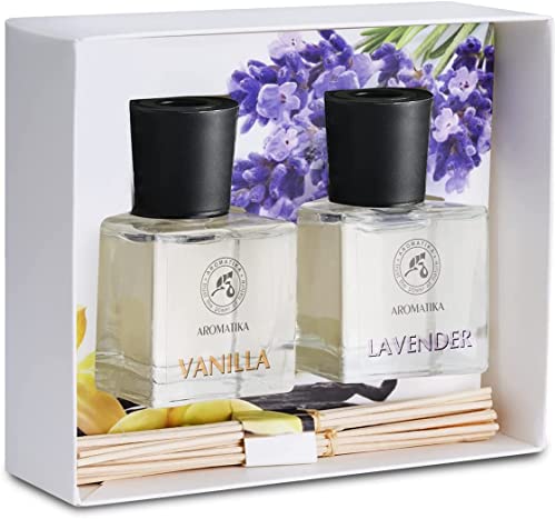 Set de Varillas Perfumadas con Difusor Vanille y Lavanda con Aceite Esencial de Lavanda - 100ml - 2x50ml - Difusores de Aromas - Ambientador de Varillas de Rattan - Fragancia Habitación