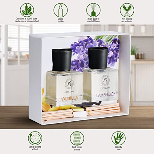 Set de Varillas Perfumadas con Difusor Vanille y Lavanda con Aceite Esencial de Lavanda - 100ml - 2x50ml - Difusores de Aromas - Ambientador de Varillas de Rattan - Fragancia Habitación