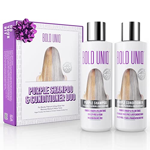 Set Dúo de Champú y Acondicionador Morado - Champú para Rubio Eliminador de Tono Amarillo - Aclara Rubio, Platino, Ceniza, Plateado y Grises - Cabello Seco y Dañado - Aprobado por PETA 100% Vegano