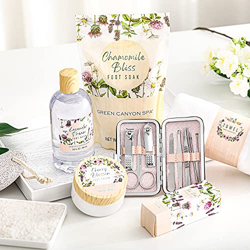 Set Regalo Mujer, Green Canyon Spa Cesta Regalo Mujer para Cuidad de Pies con Aceite de Árbol de Té Kits Regalos Mujer de 8 Pcs con Sal de Baño, Loción de Pies Caja Regalo SPA para Navidad Cumpleaños