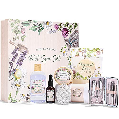 Set Regalo Mujer, Green Canyon Spa Cesta Regalo Mujer para Cuidad de Pies con Aceite de Árbol de Té Kits Regalos Mujer de 8 Pcs con Sal de Baño, Loción de Pies Caja Regalo SPA para Navidad Cumpleaños