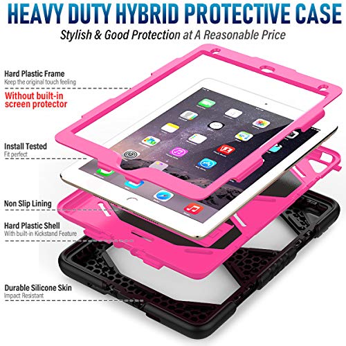 SEYMAC Funda para iPad 9,7, iPad Pro 9,7 Funda, Funda para iPad Air 2,Funda Protectora A Prueba de Golpes con Pata de Cabra para Funda iPad A1822/A1566/A1673/A1893(Negro/Rosa)