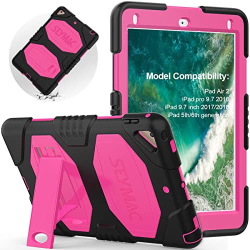 SEYMAC Funda para iPad 9,7, iPad Pro 9,7 Funda, Funda para iPad Air 2,Funda Protectora A Prueba de Golpes con Pata de Cabra para Funda iPad A1822/A1566/A1673/A1893(Negro/Rosa)