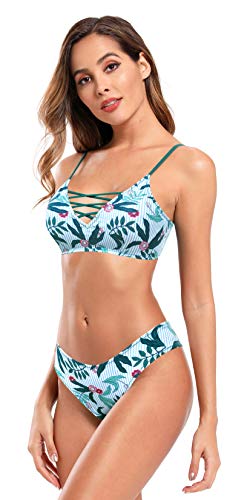 SHEKINI Conjunto de bikini recortado para mujer con tirantes cruzados y cuello en V Top brasileño con relleno de bandeau trajes de baño (M, verde oscuro B)