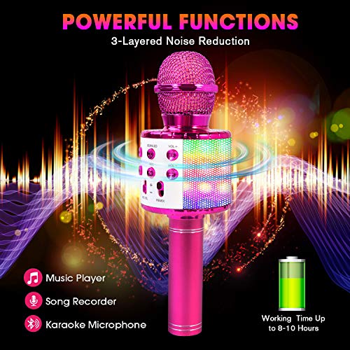 ShinePick Micrófono Karaoke Bluetooth, 4 en1 Microfono Inalámbrico Portátil con Luces LED para Niños Canta Partido Musica, Función de Eco, Compatible con Android, PC (Púrpura)