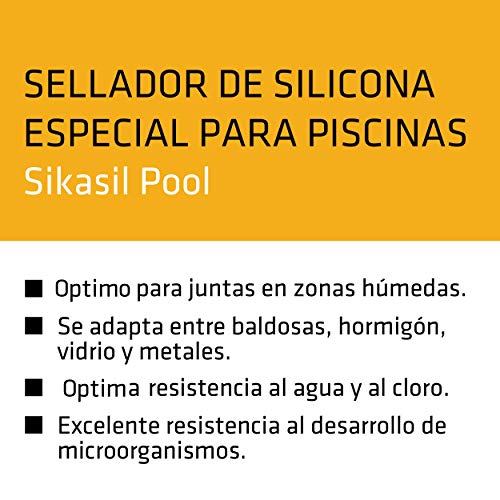 Sikasil Pool, Transparente, Sellador de silicona neutra para juntas en piscinas, Alta resistencia al cloro y antifongicida, 300ml