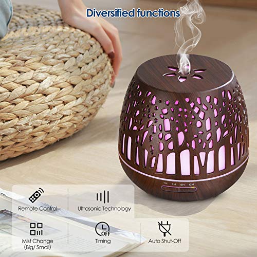 Simpeak Humidificador Ultrasónico y Difusor de Aroma 400 ml, atomizador de fragancia ultrasónico LED con control remoto-Bosque tallado, Madera Oscura