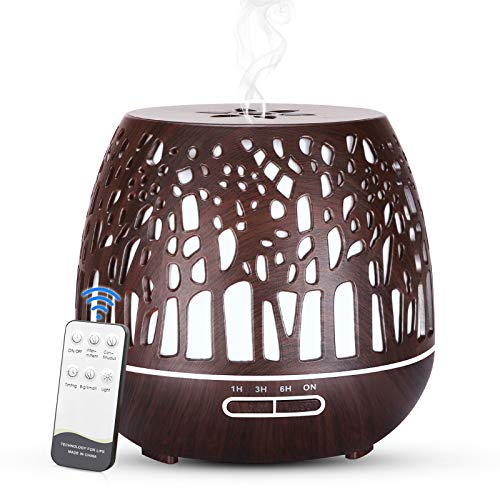 Simpeak Humidificador Ultrasónico y Difusor de Aroma 400 ml, atomizador de fragancia ultrasónico LED con control remoto-Bosque tallado, Madera Oscura