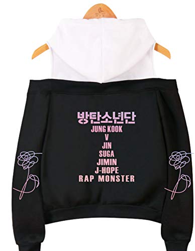 SIMYJOY Mujeres Korea Pop Fans Sudadera con Capucha sin Hombro Miembros de Korea Pop Jumper Girls Off Hombro KPOP Street Fashion Top Bonito Regalo para K-Pop Black M